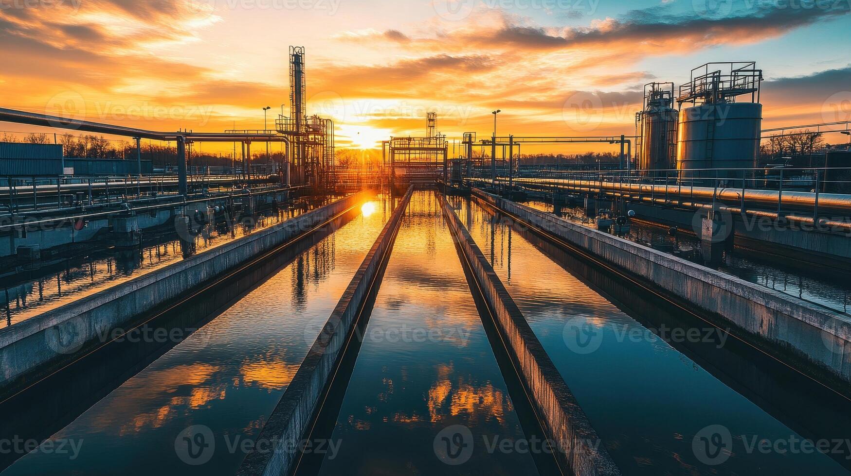 Industrial facility at sunset with reflective water channels and machinery. photo