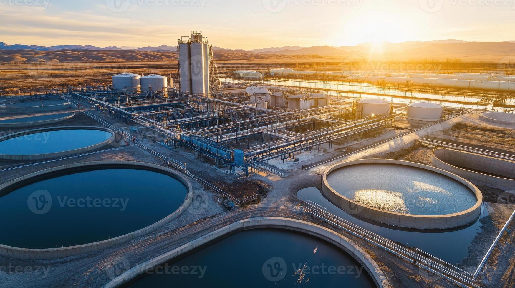 Aerial view of a water treatment facility with large tanks and industrial structures. photo