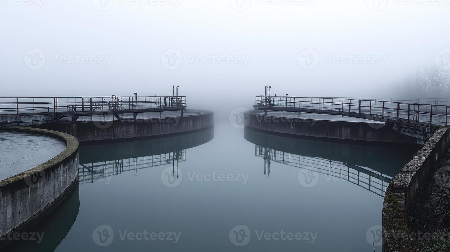 A foggy scene of water treatment tanks reflecting still water, highlighting industrial processes photo