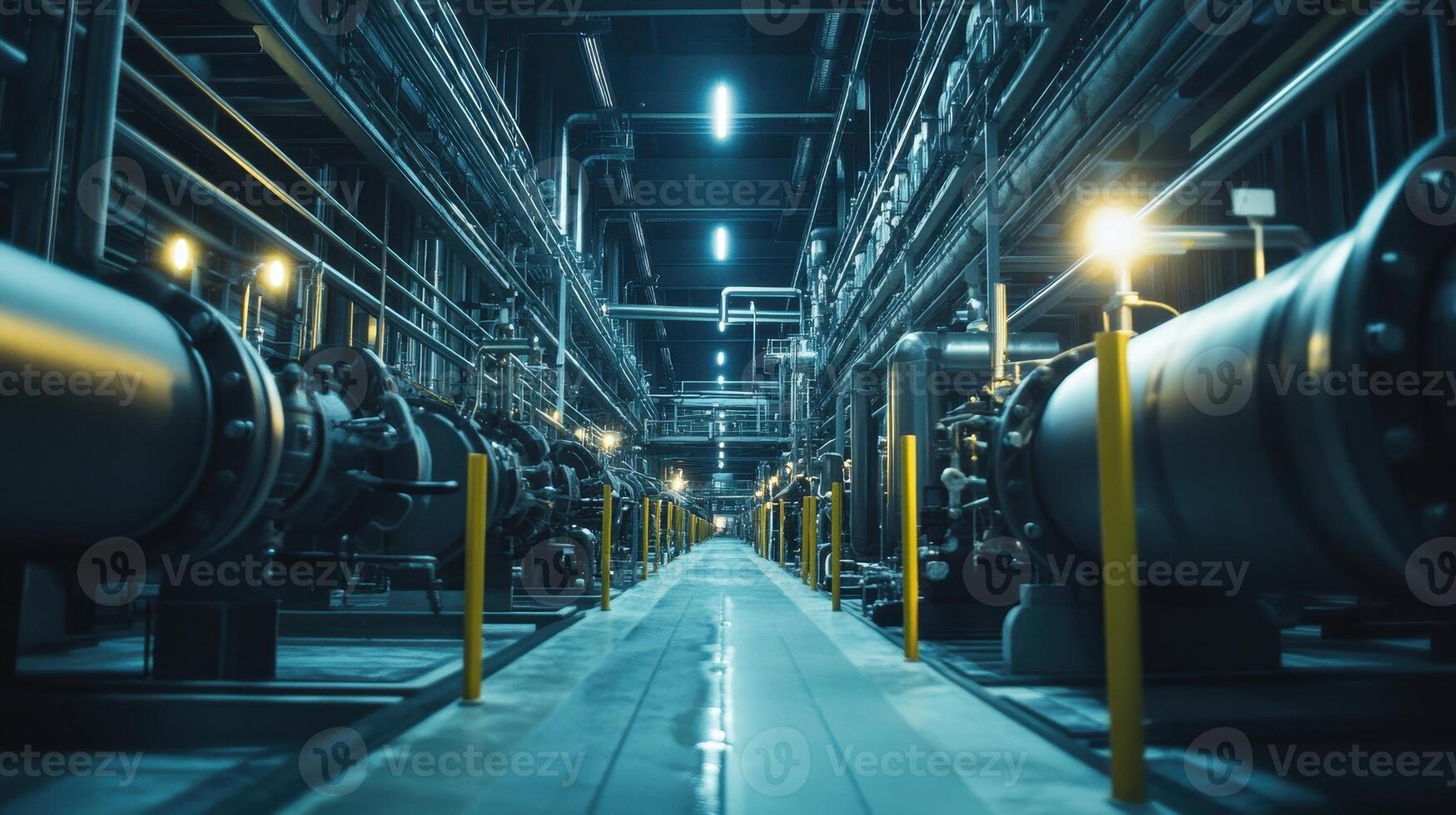 A view of industrial pipes and machinery in a dimly lit facility. photo