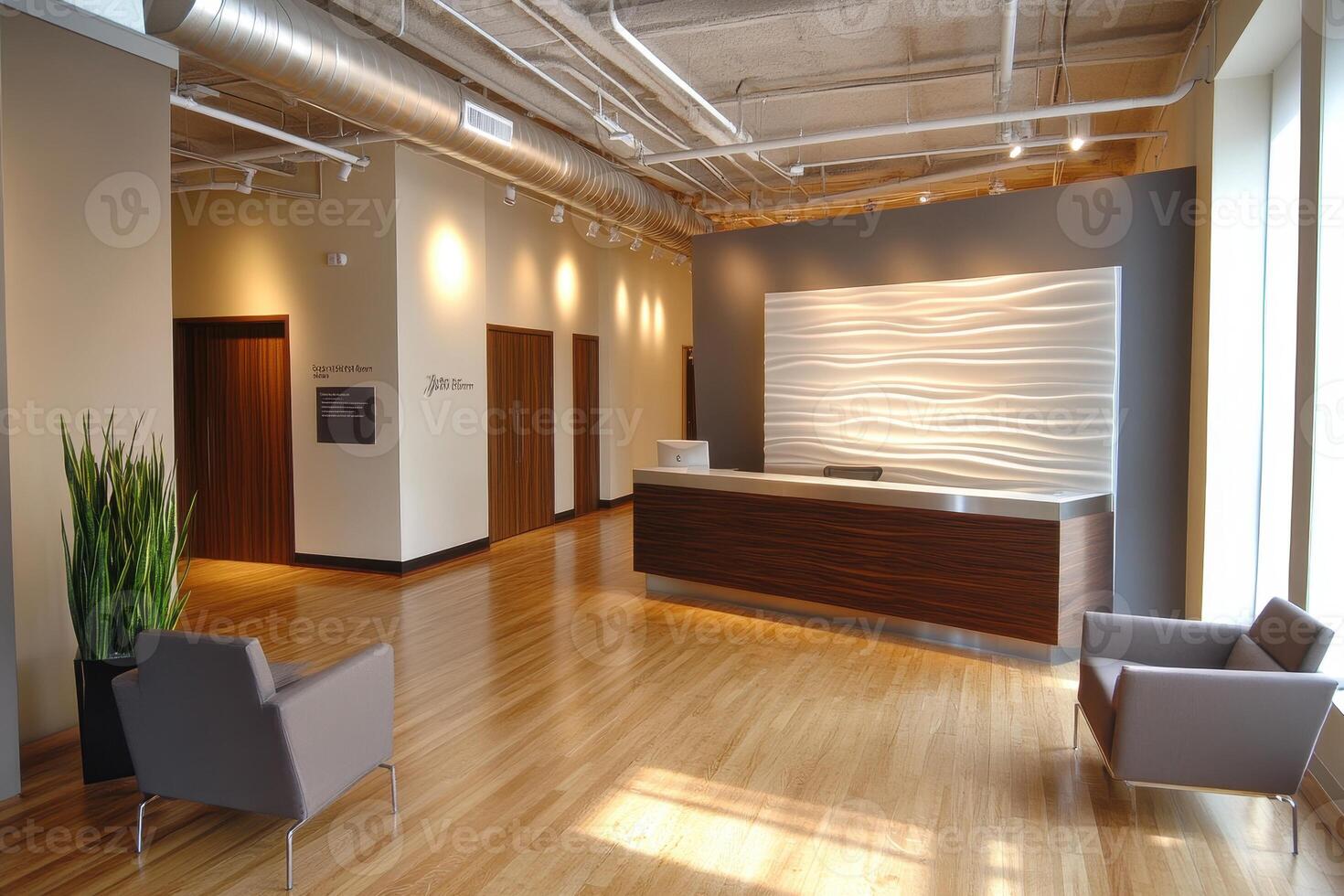 Modern reception area with sleek design, wooden accents, and natural elements. photo