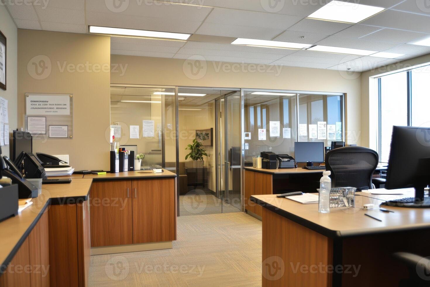 Modern office space with desks, computers, and glass partitions for collaboration. photo