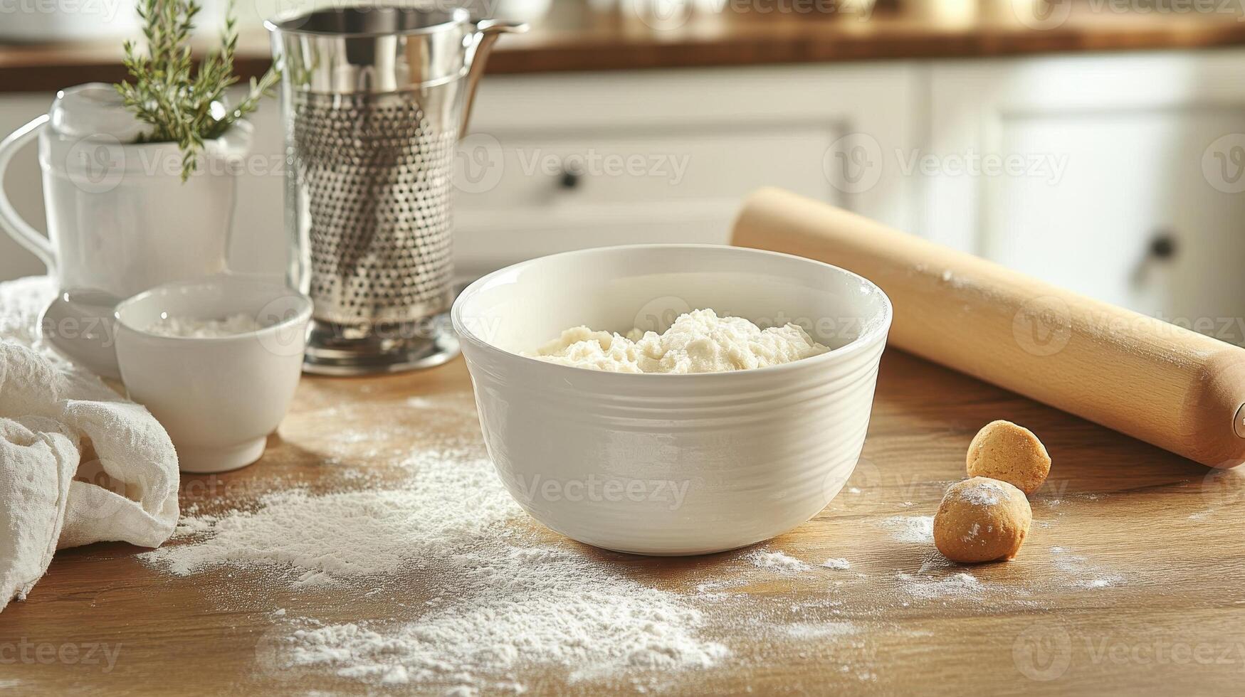A kitchen scene with flour, dough, and baking tools, ready for food preparation. photo