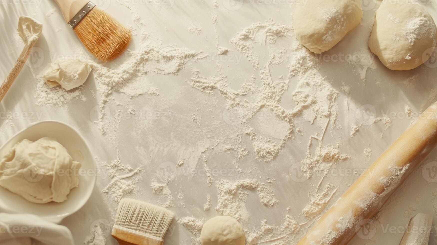 A baking scene with flour, dough, and utensils on a countertop. photo