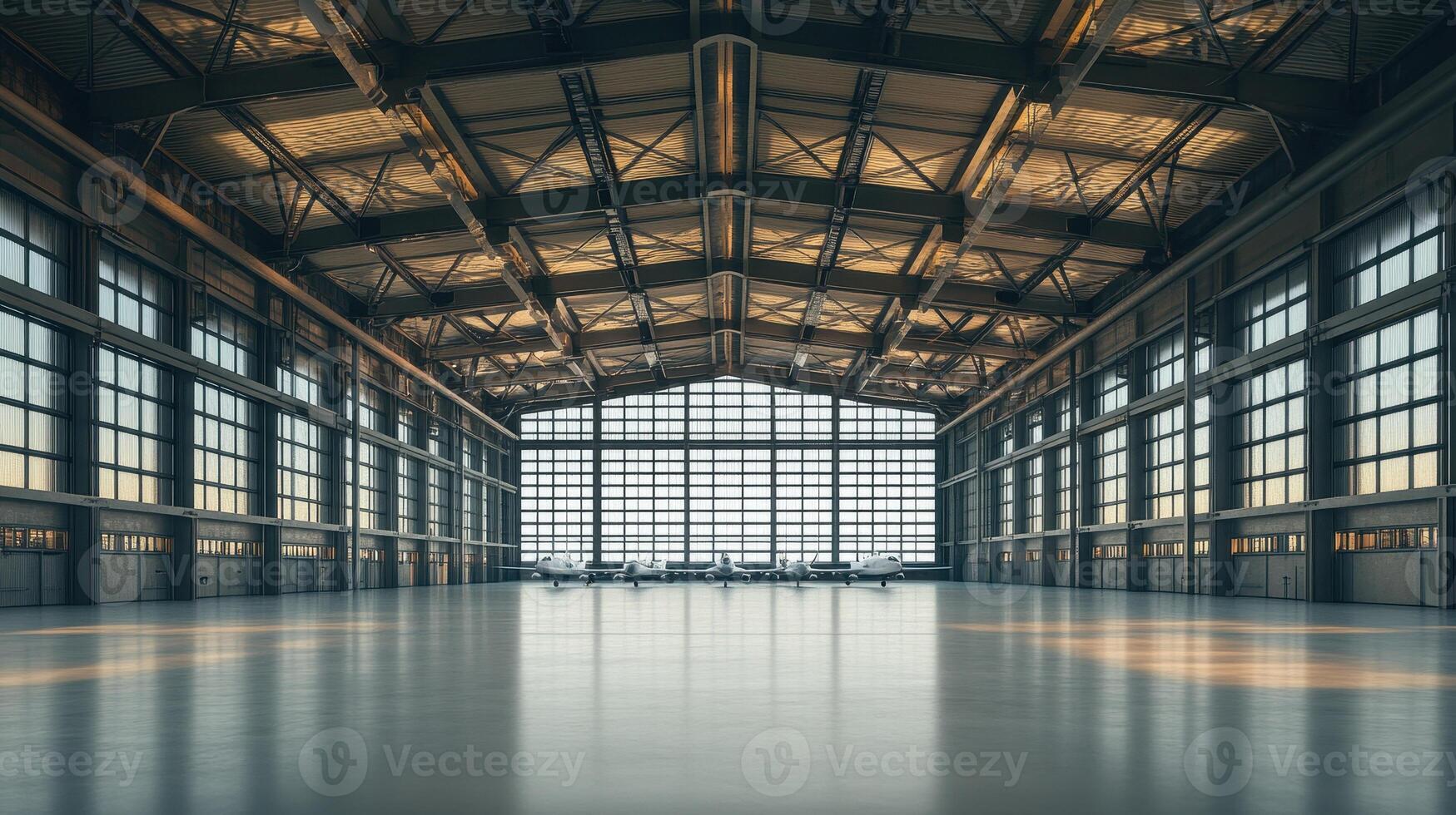 A spacious industrial interior with large windows and a polished floor, ideal for aviation activities. photo