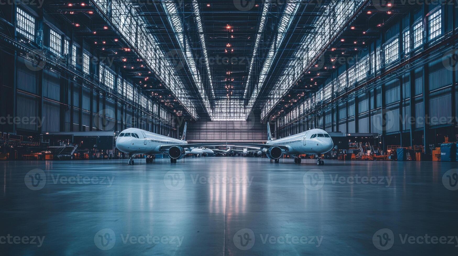 A spacious aircraft hangar with two parked airplanes under bright industrial lighting photo