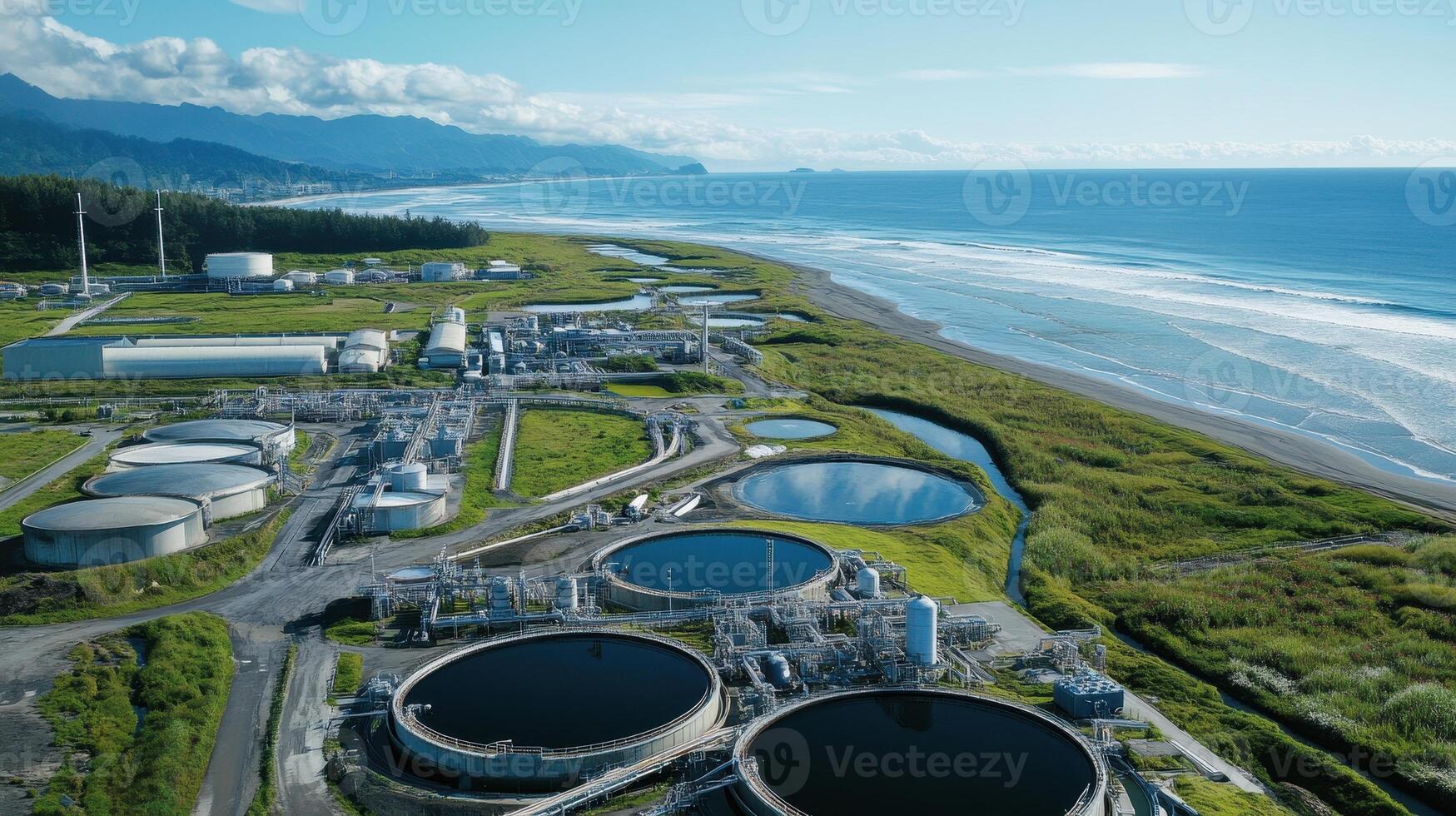 Aerial view of a coastal industrial facility with water treatment tanks and natural surroundings photo