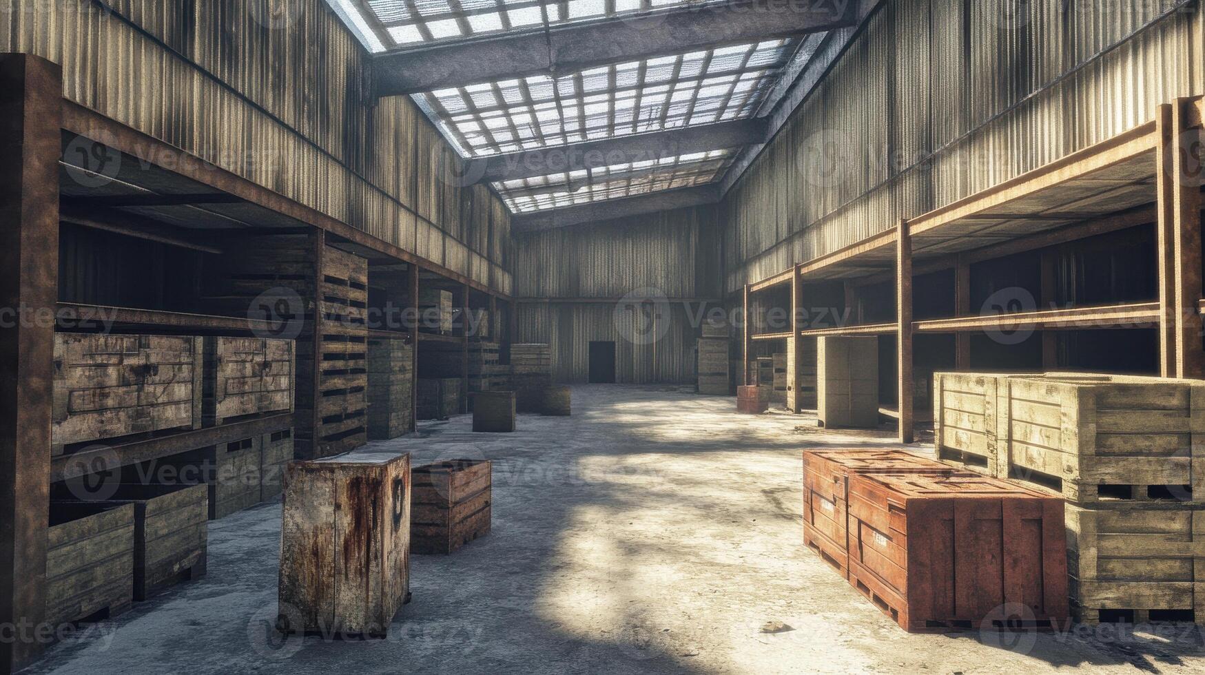 An empty warehouse interior with wooden crates and industrial lighting. photo