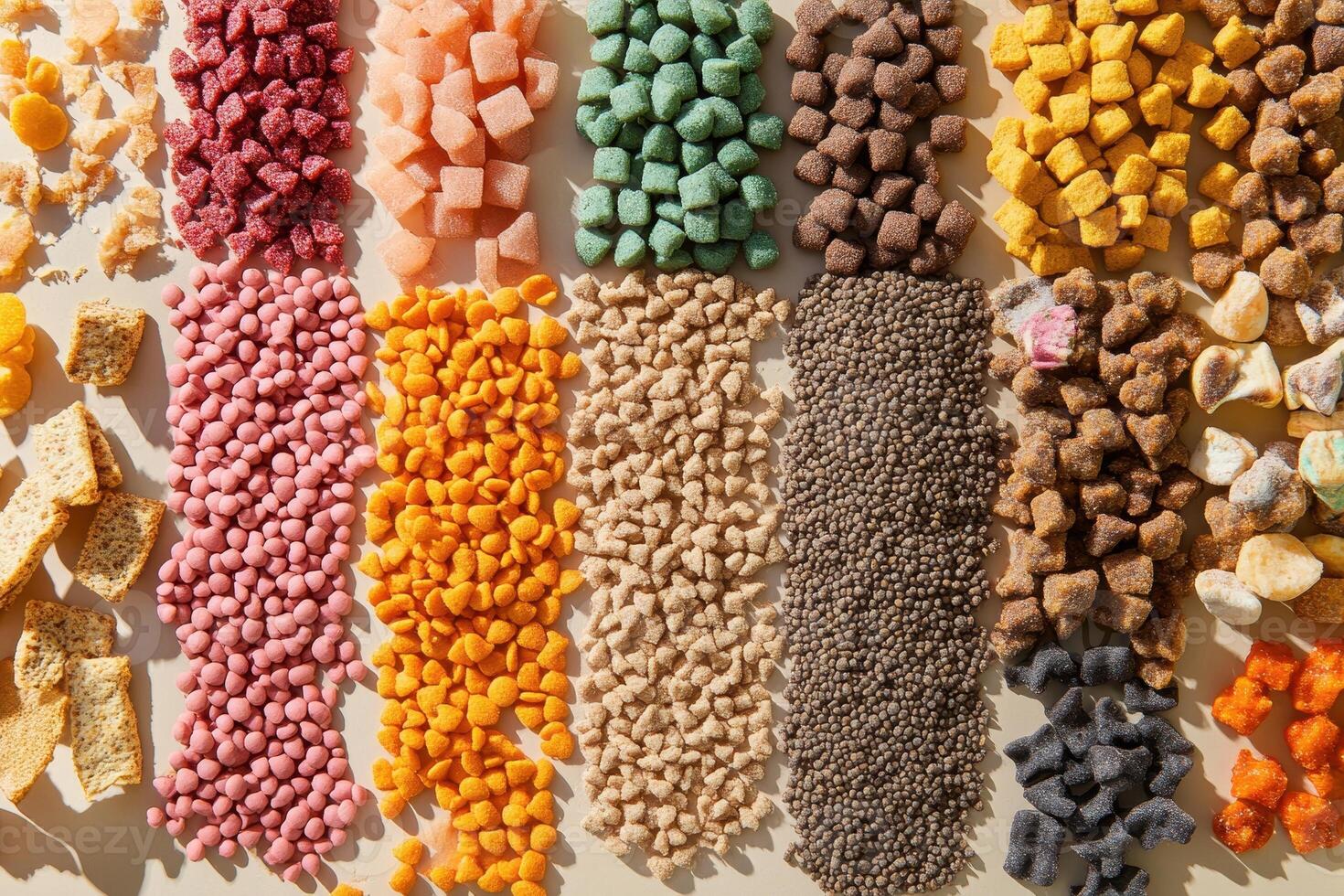 A colorful assortment of various dried fruits, nuts, and snacks arranged in neat rows. photo