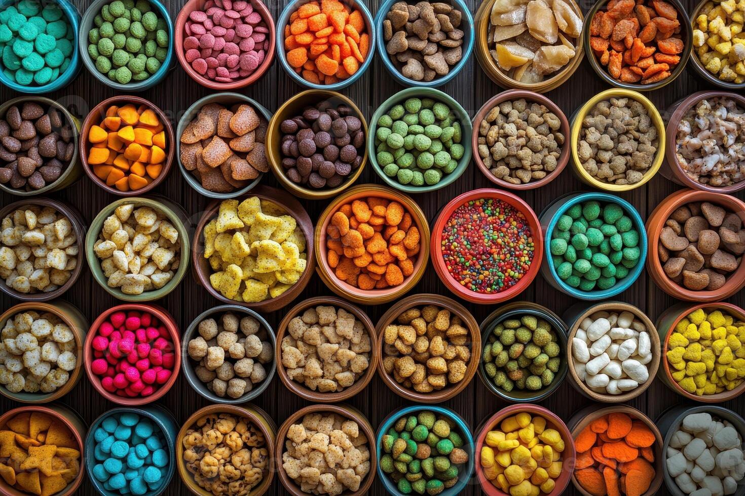 A colorful arrangement of various candies and snacks in bowls, showcasing vibrant treats. photo