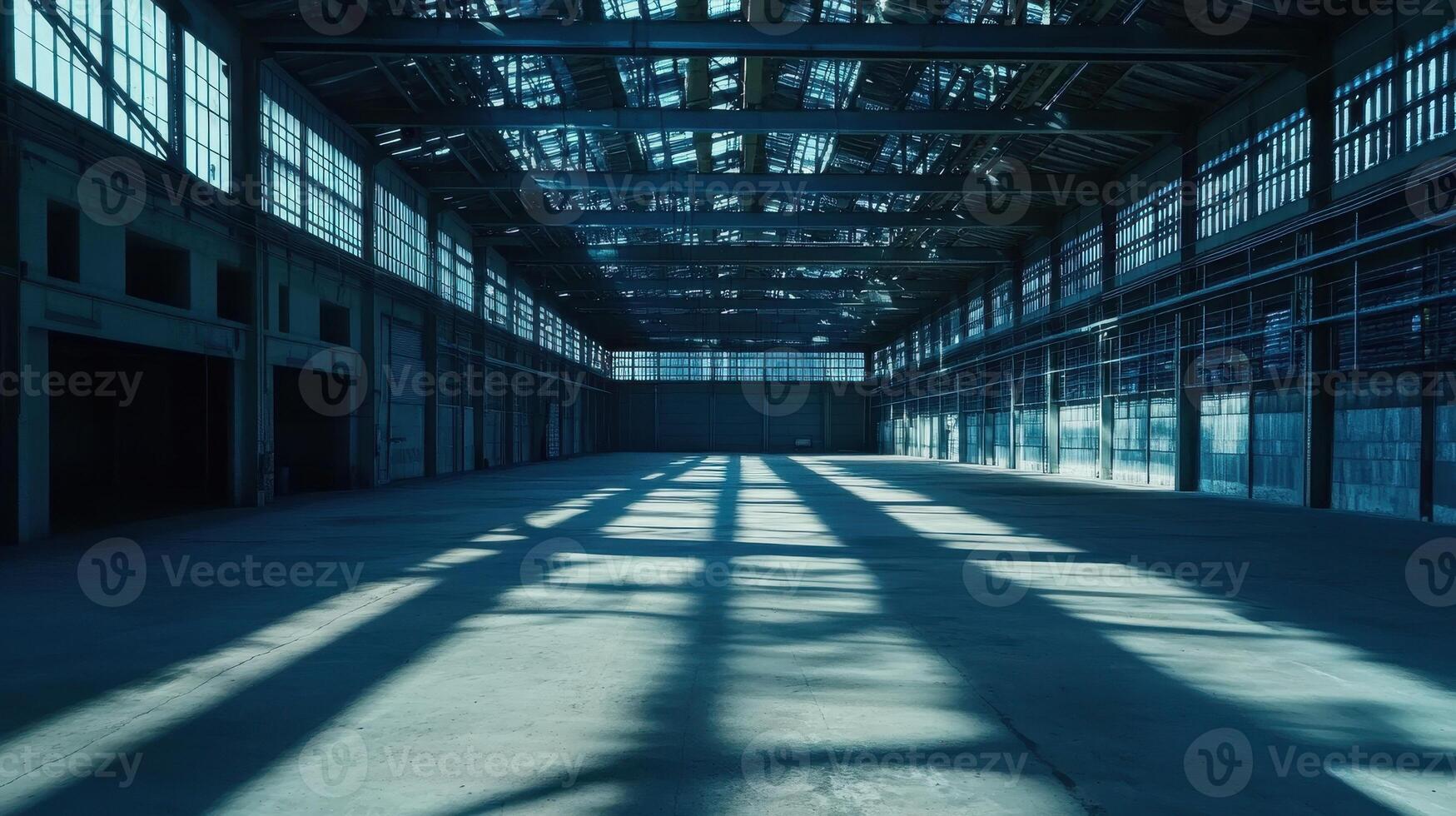 A spacious industrial interior with large windows casting shadows on the floor photo