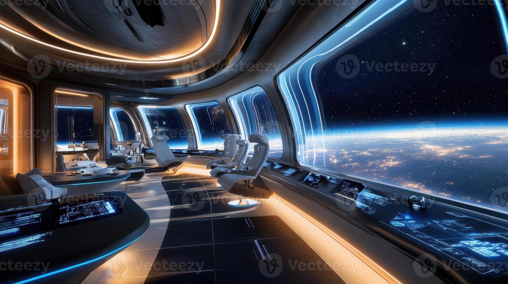 Futuristic spacecraft interior with large windows showcasing Earth from space. photo