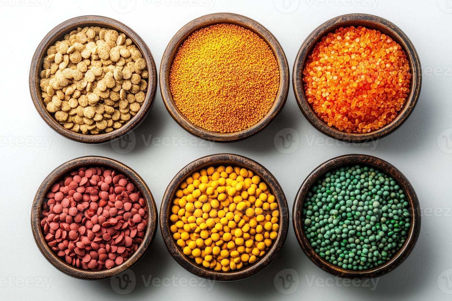 A collection of colorful grains and pulses in bowls, highlighting variety and texture photo