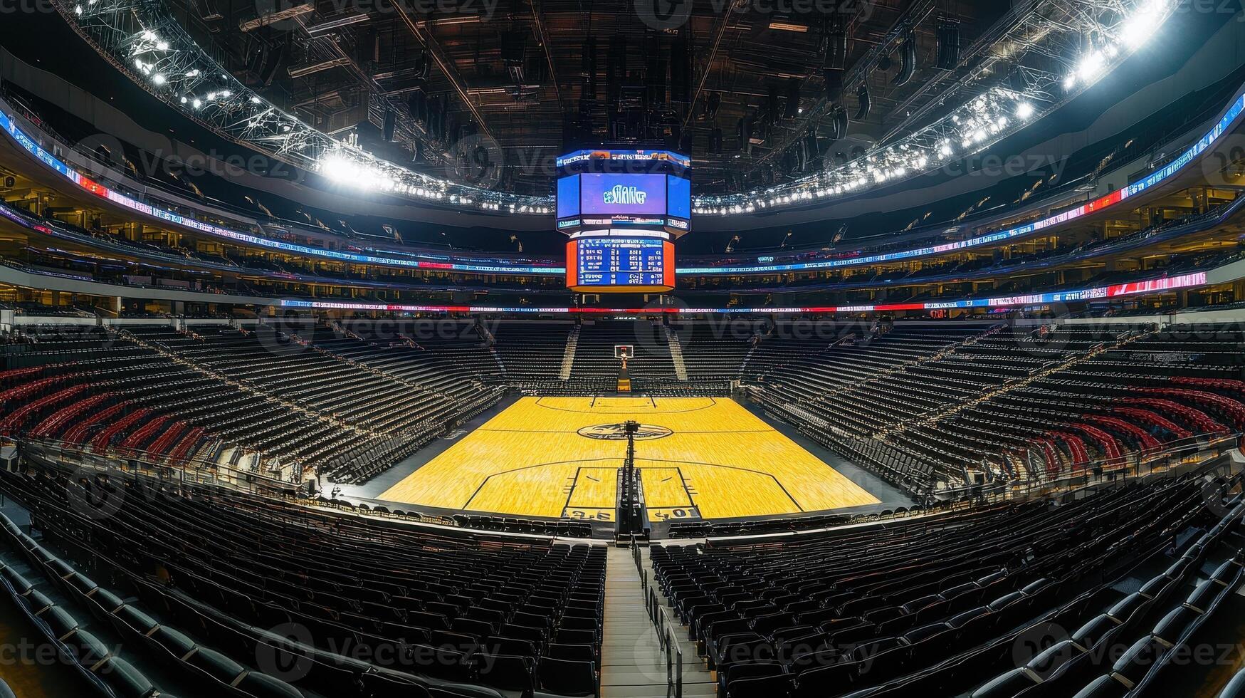 A spacious basketball arena with empty seating and a central court illuminated for events photo
