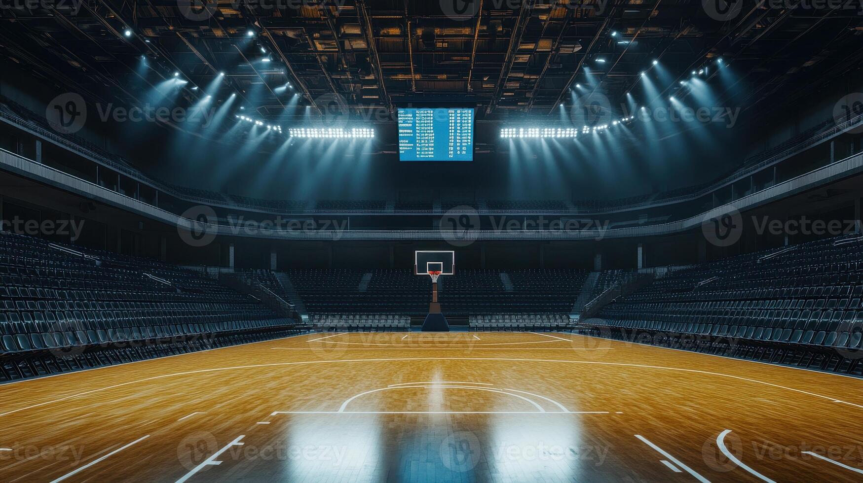 A basketball court illuminated in an empty arena, ready for a game photo
