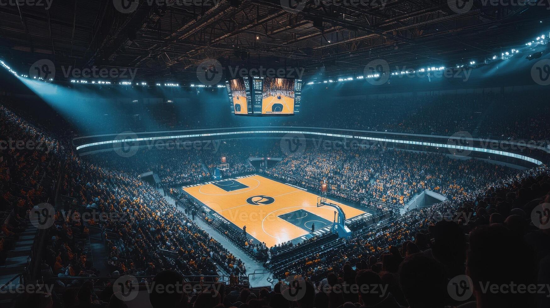 A vibrant basketball arena filled with fans, showcasing a game-ready court. photo