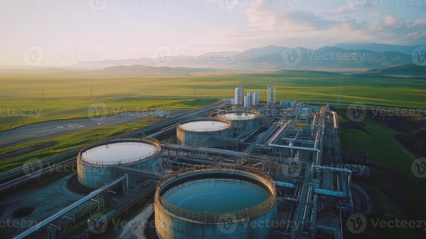 Aerial view of industrial oil storage tanks surrounded by lush green landscapes and mountains photo