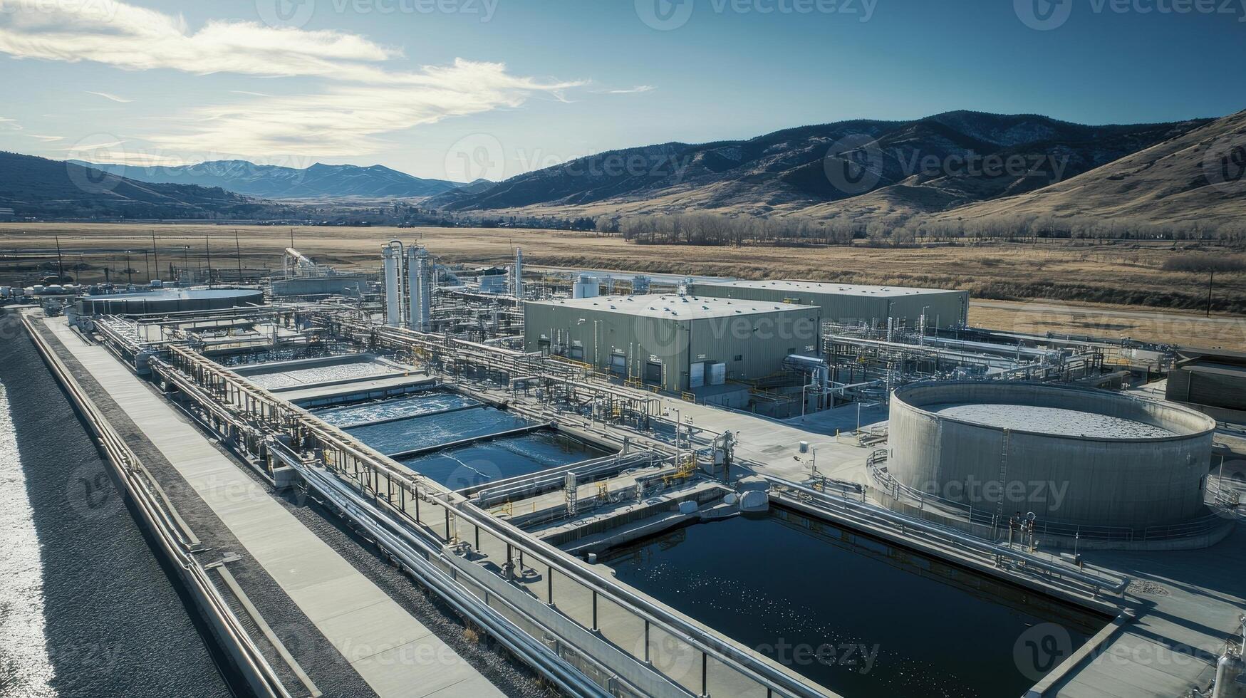 Aerial view of a water treatment facility surrounded by mountains and open land. photo