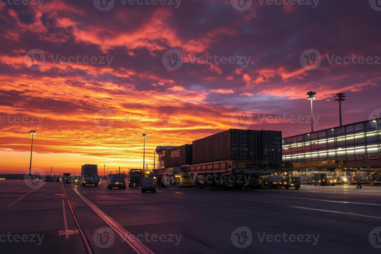 Sunset over an airport with cargo trucks and containers in a bustling environment photo