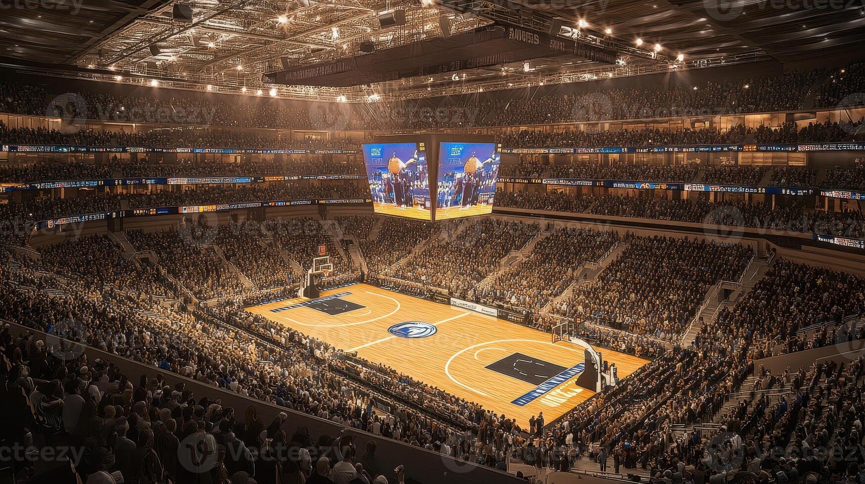 A packed basketball arena during a game, featuring a large scoreboard and enthusiastic fans photo