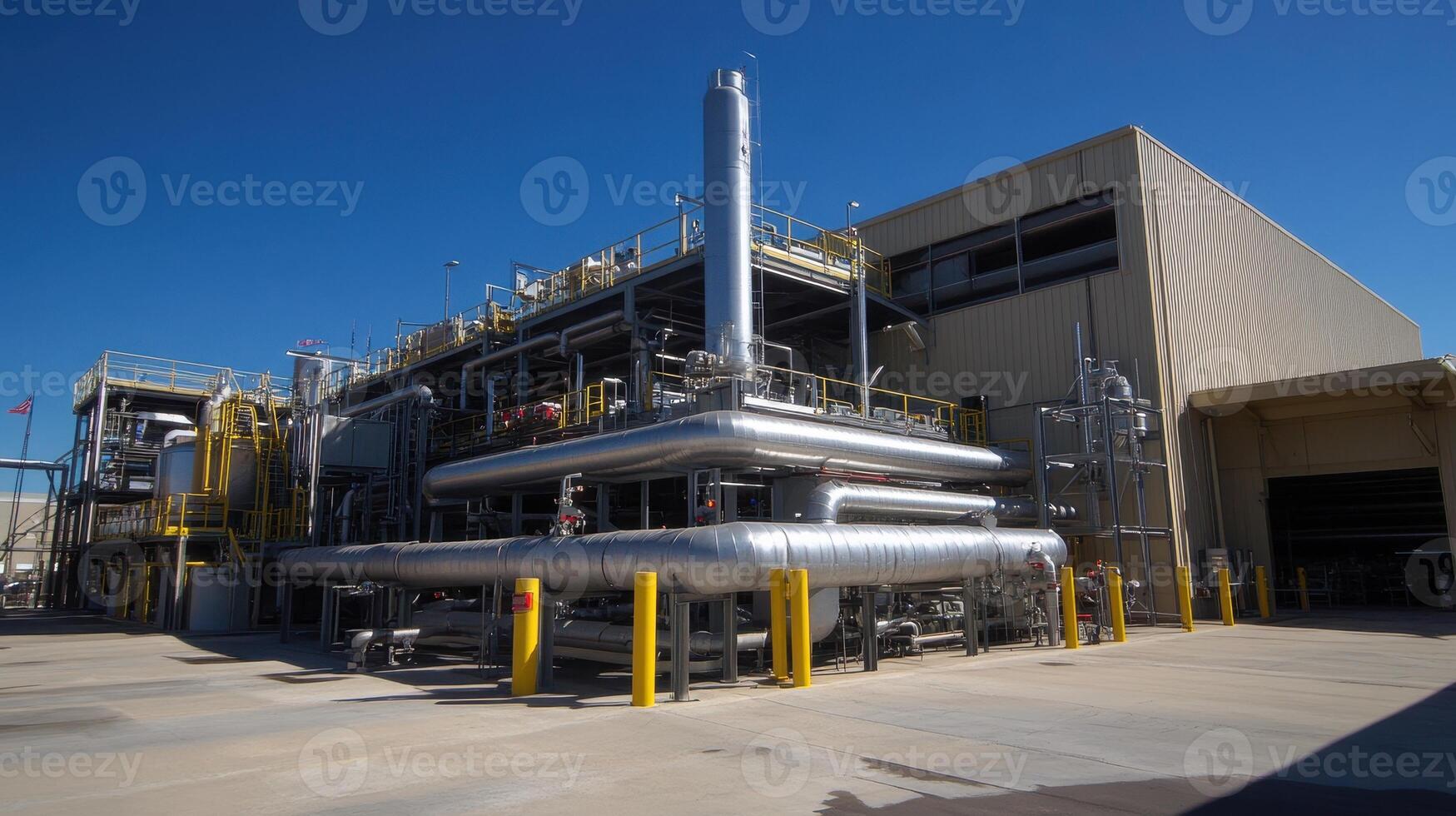 Industrial facility with large pipes and machinery, designed for processing or manufacturing. photo