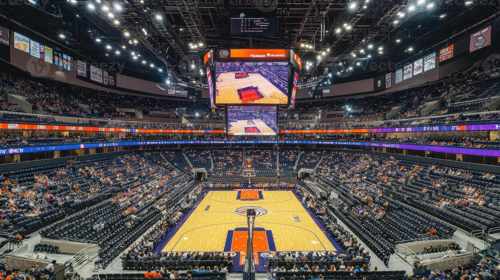 A view of a sports arena during an event, showcasing the court and seating areas photo