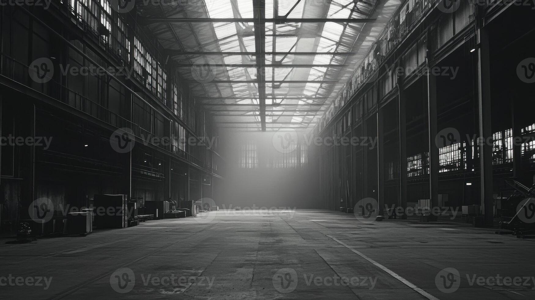 A spacious, industrial warehouse with light streaming through, creating a moody atmosphere photo