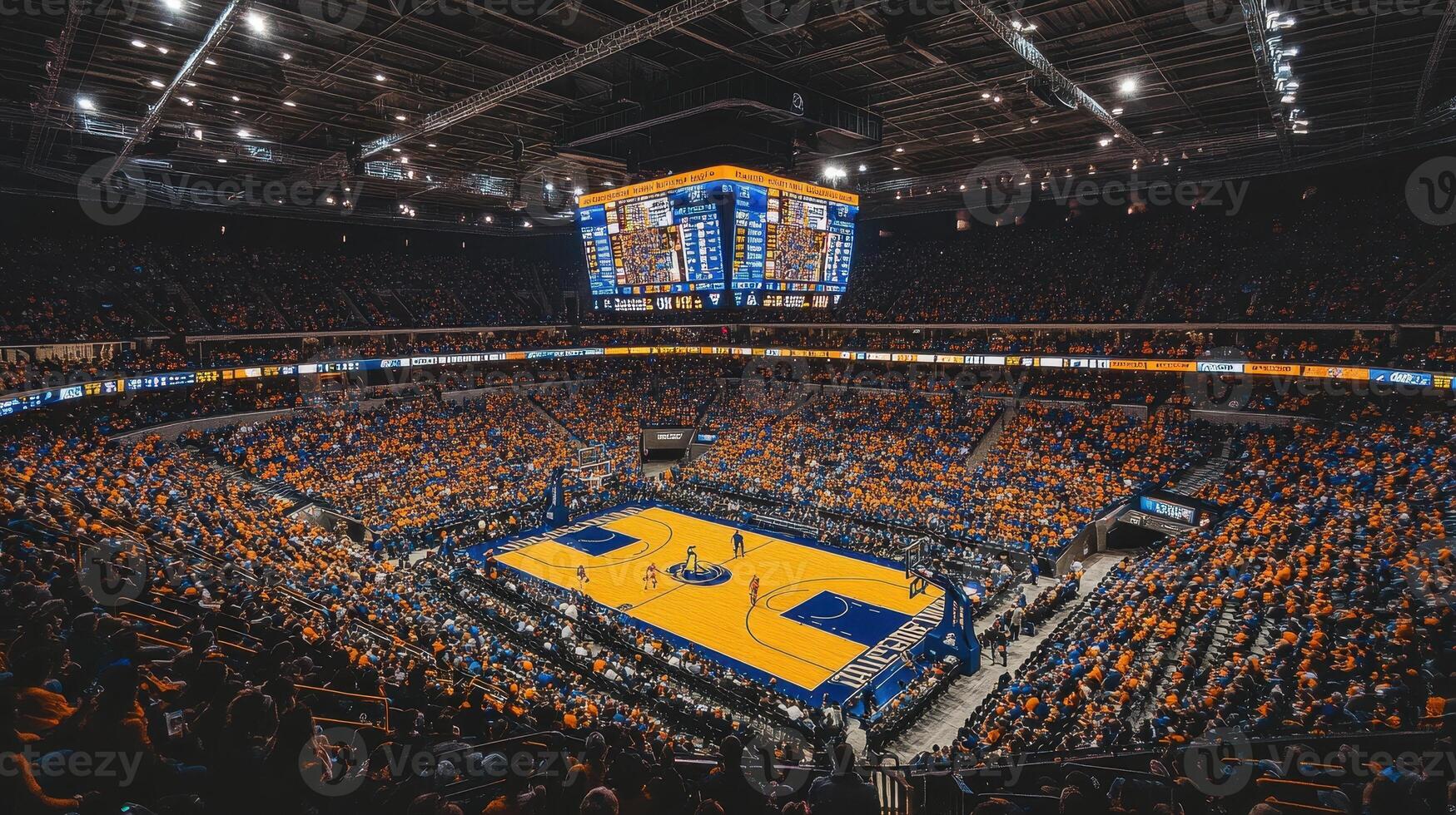 A packed basketball arena during a game, showcasing fans and a vibrant court photo