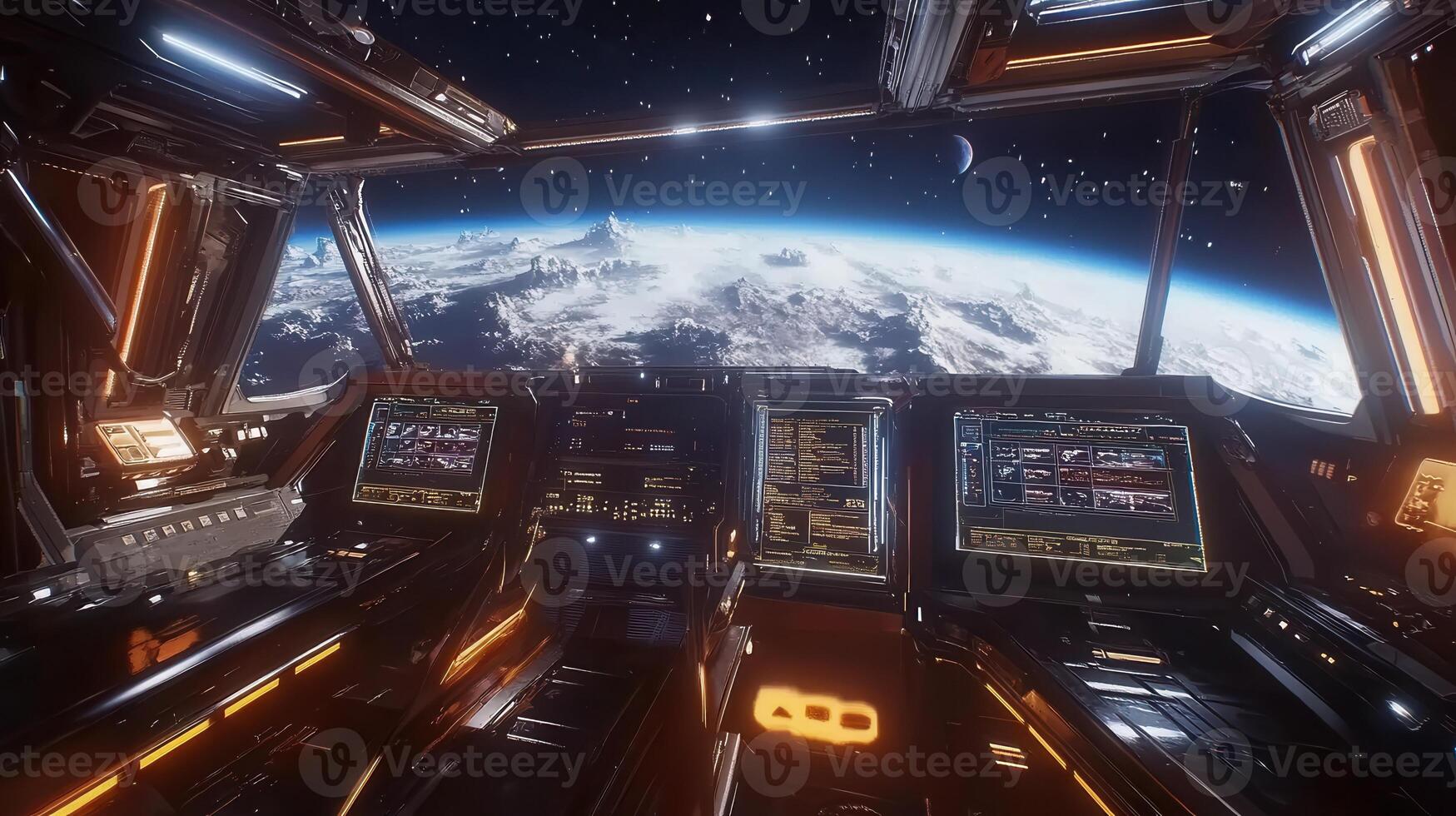 A futuristic spacecraft cockpit overlooking a planet from space photo