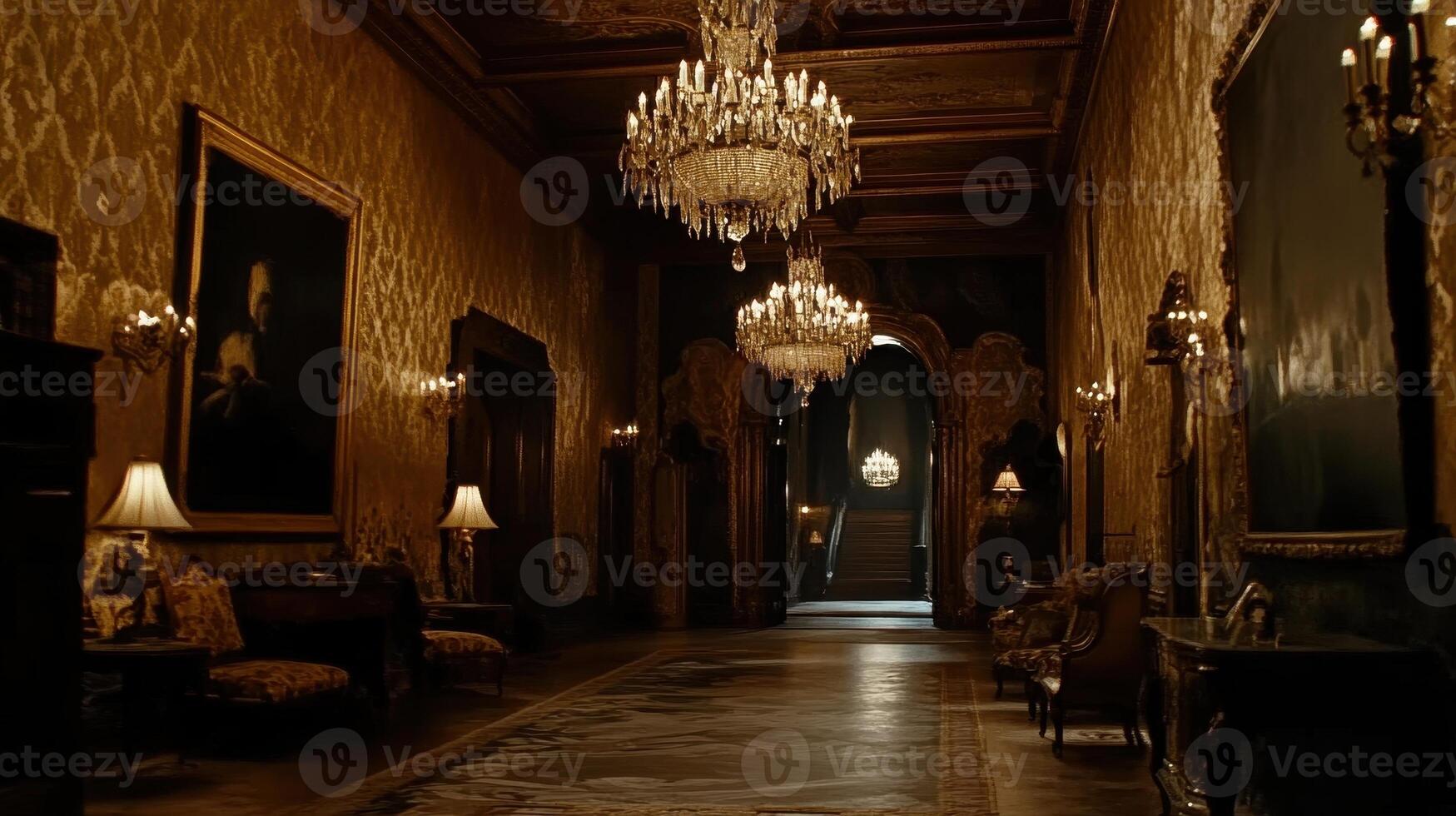 A grand, opulent hallway with chandeliers and ornate decor photo
