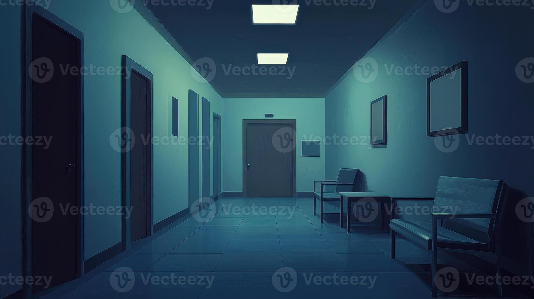 A dimly lit hospital corridor with chairs and closed doors, creating a somber atmosphere photo