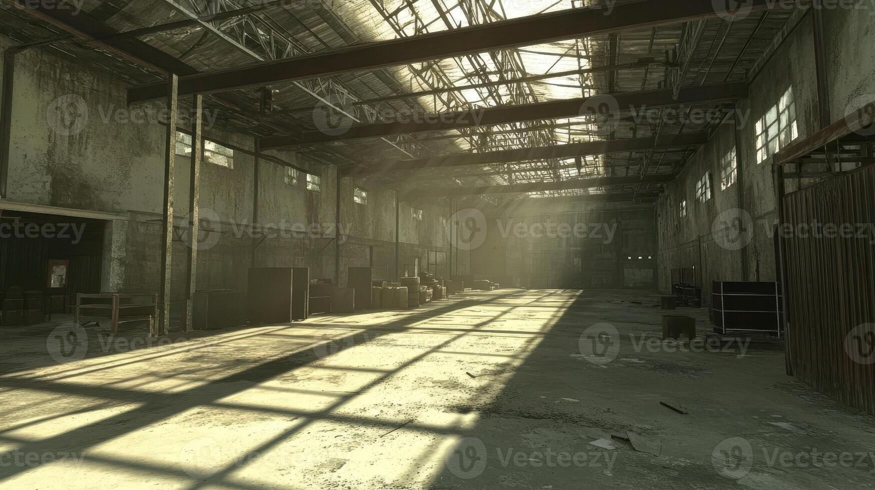 A sunlit, abandoned industrial space with dust and shadows creating a haunting atmosphere photo