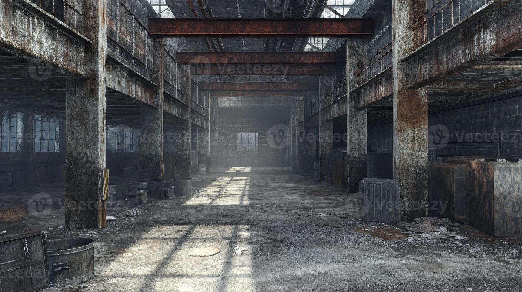 Abandoned industrial space with rusted beams and scattered debris, illuminated by natural light photo