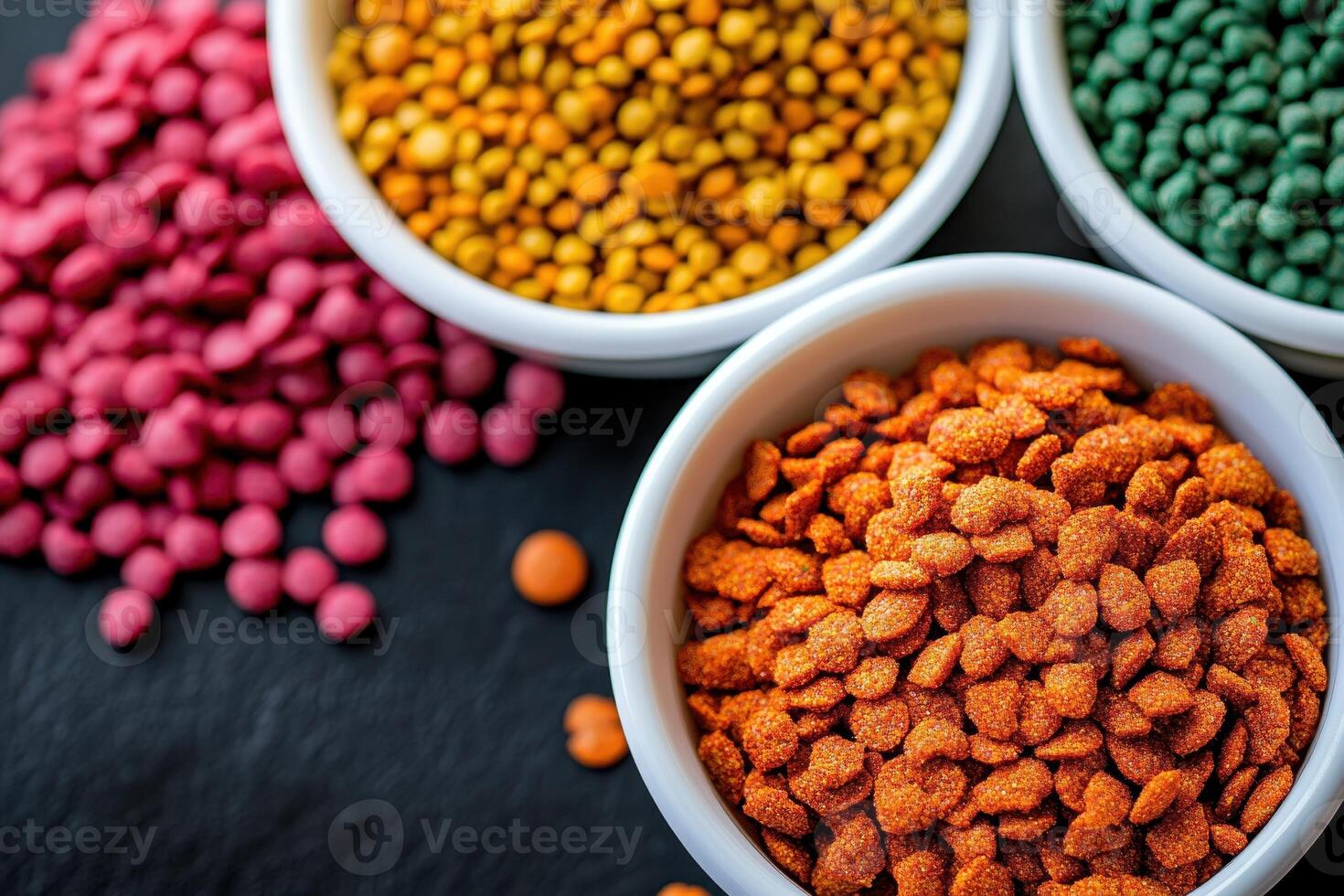 Colorful bowls of various pet food pellets and seeds arranged on a dark surface. photo