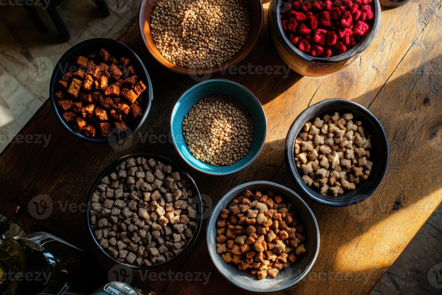 Various bowls filled with different types of grains and snacks arranged on a wooden table photo
