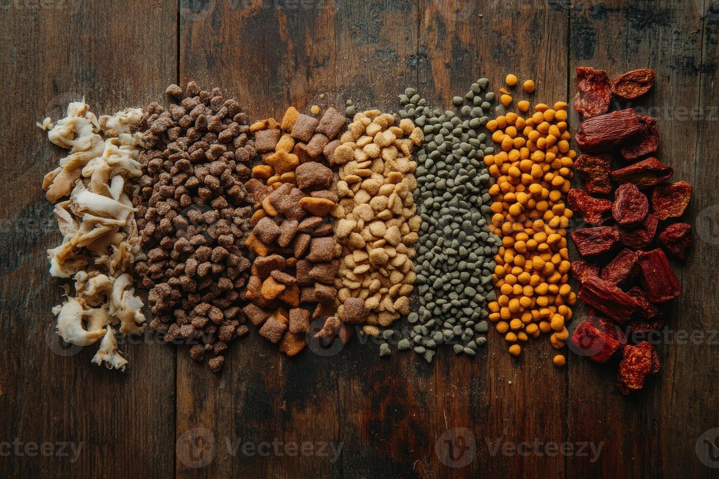 A colorful arrangement of various dried foods on a wooden surface, showcasing ingredients photo