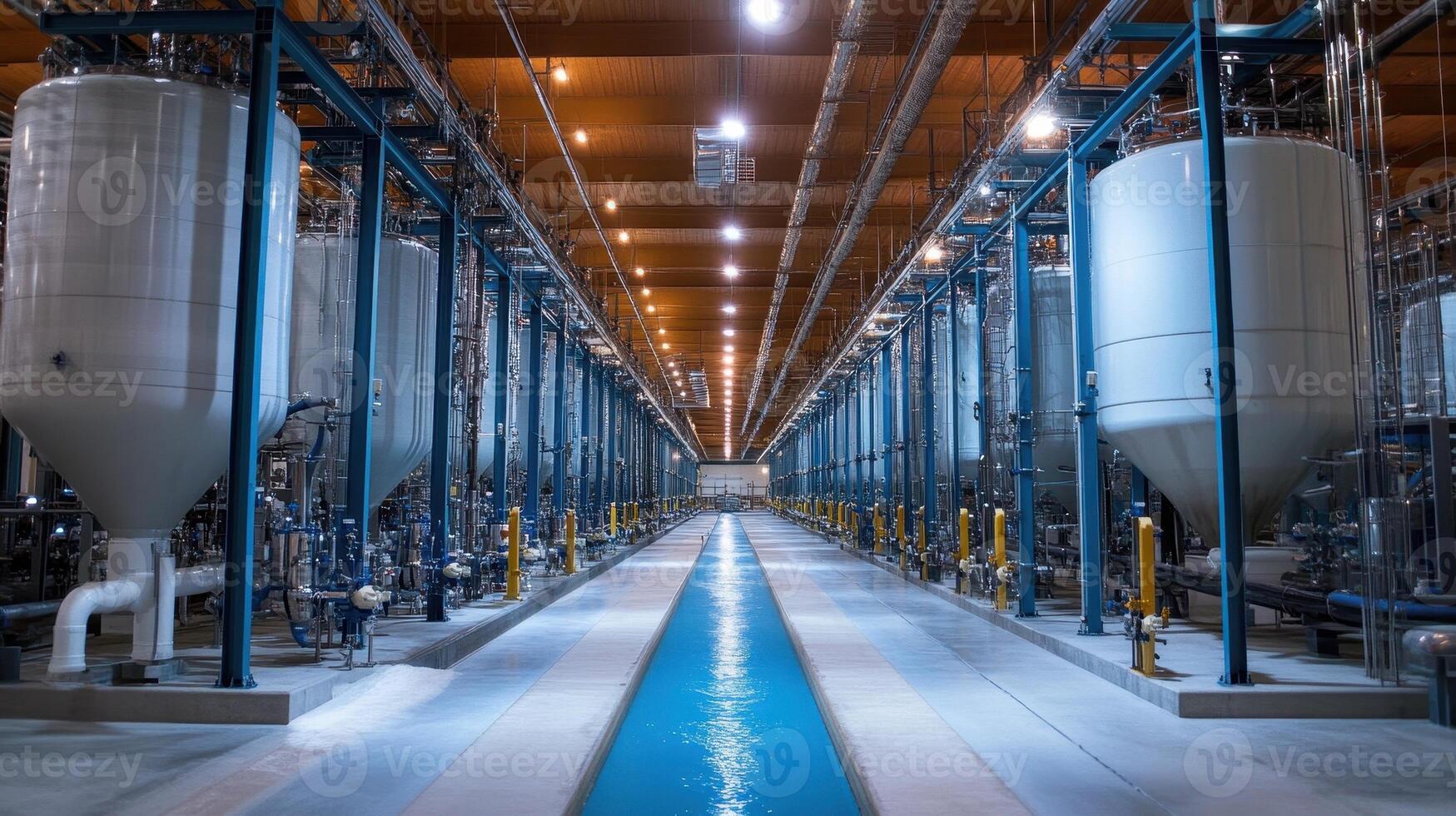 Industrial facility featuring large storage tanks and processing equipment along a central pathway photo
