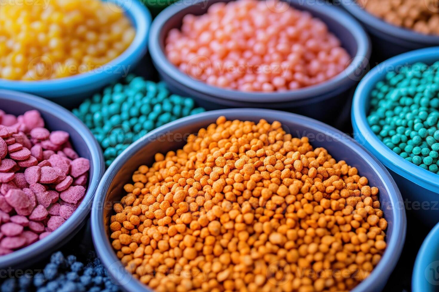 Colorful bowls filled with various small beads or pellets, likely for crafting or decoration photo