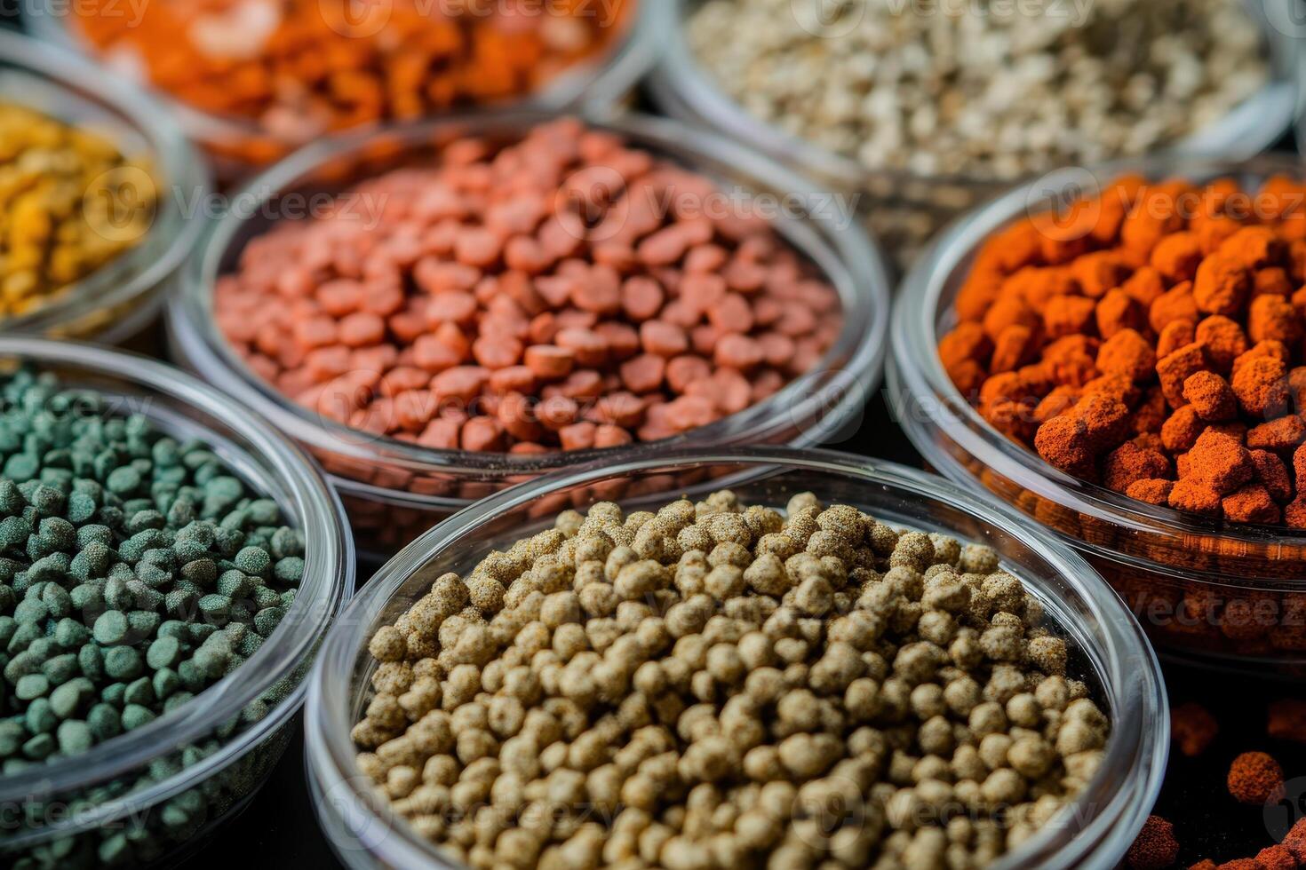 A collection of colorful spices and seeds in glass containers, showcasing variety and texture photo