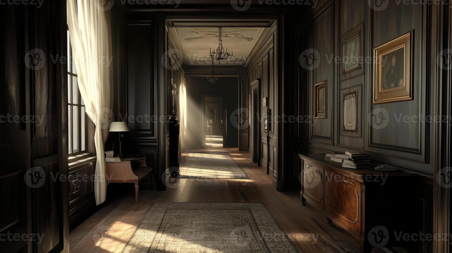 A dimly lit hallway in an elegant interior, showcasing classic decor and soft sunlight photo