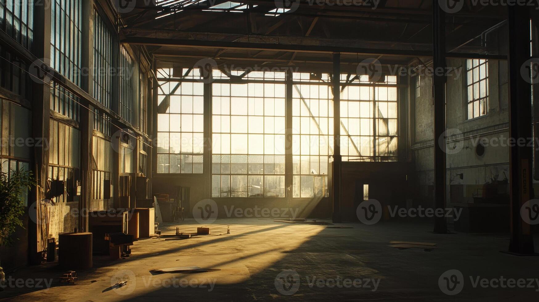 A sunlit industrial space with large windows and scattered objects, evoking a sense of nostalgia photo