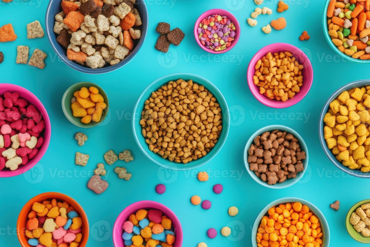 A vibrant assortment of colorful snacks arranged in bowls on a bright blue background photo