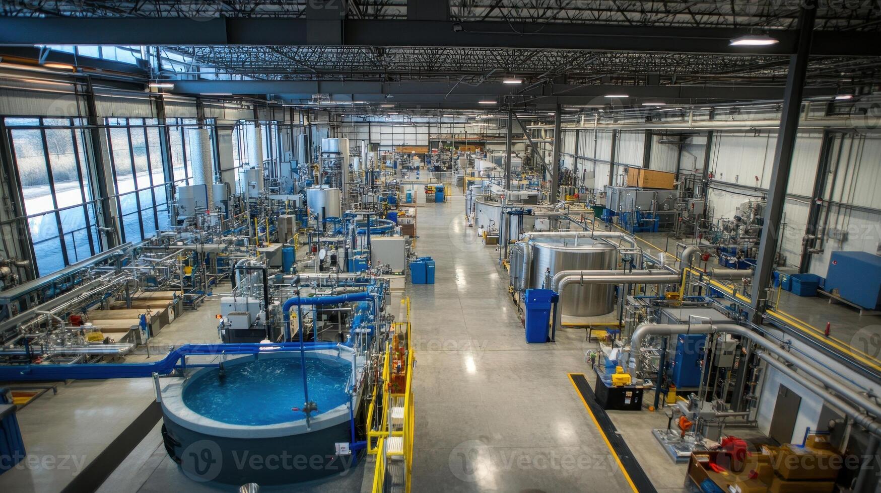 A spacious industrial facility with machinery and tanks for processing and production photo