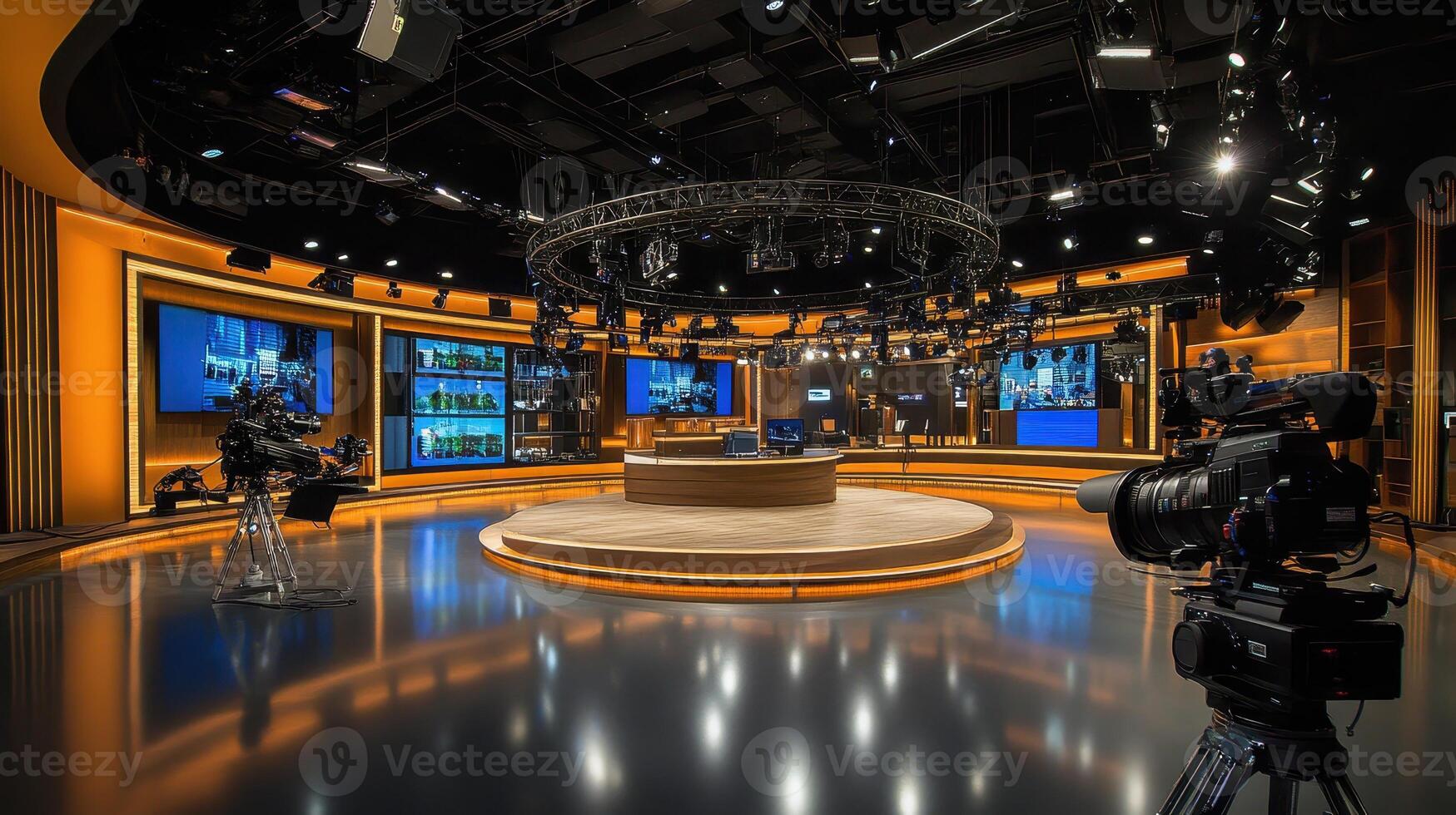 A modern television studio with cameras and screens, designed for broadcasting news photo