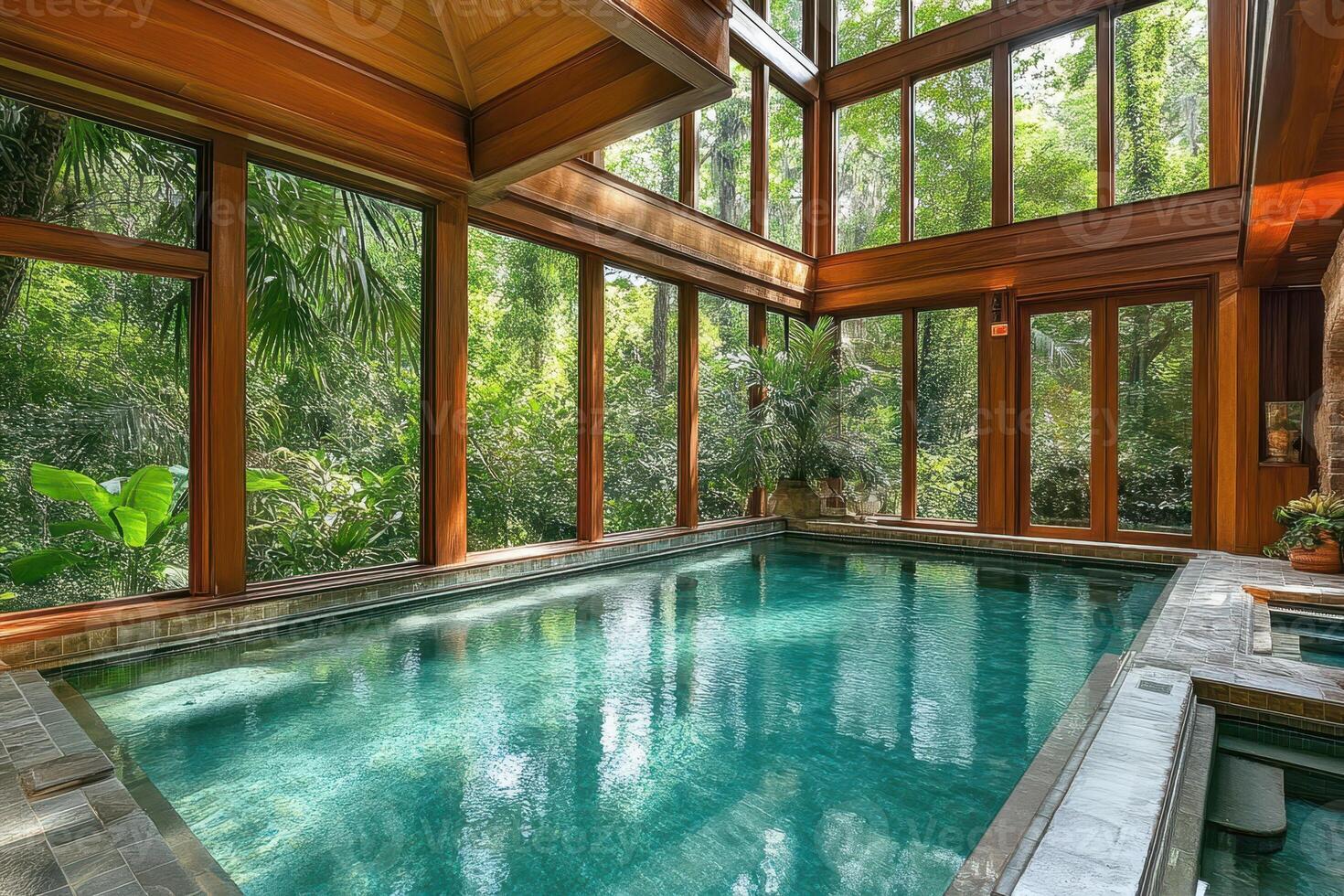 A serene indoor swimming pool surrounded by lush greenery and large windows photo