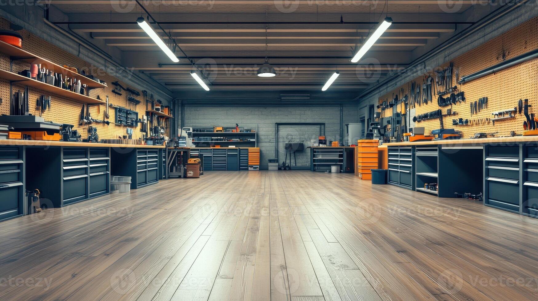 A spacious workshop filled with tools and equipment for various projects photo