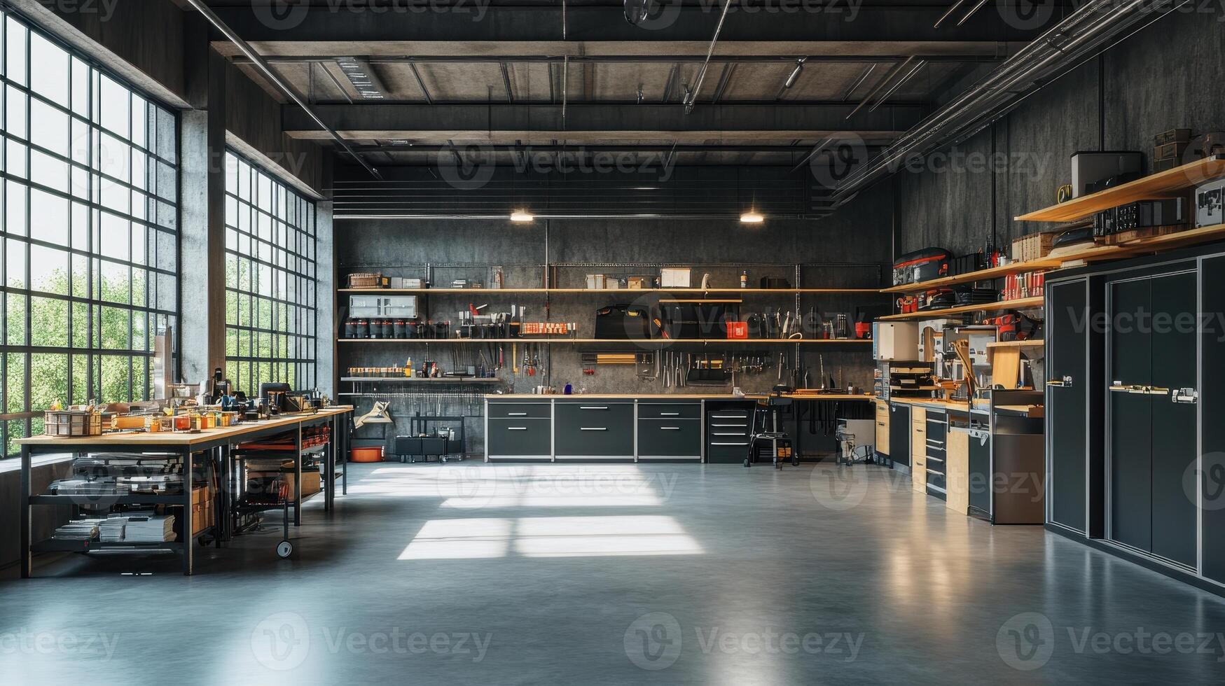 A spacious workshop with tools and workstations for various projects and repairs photo