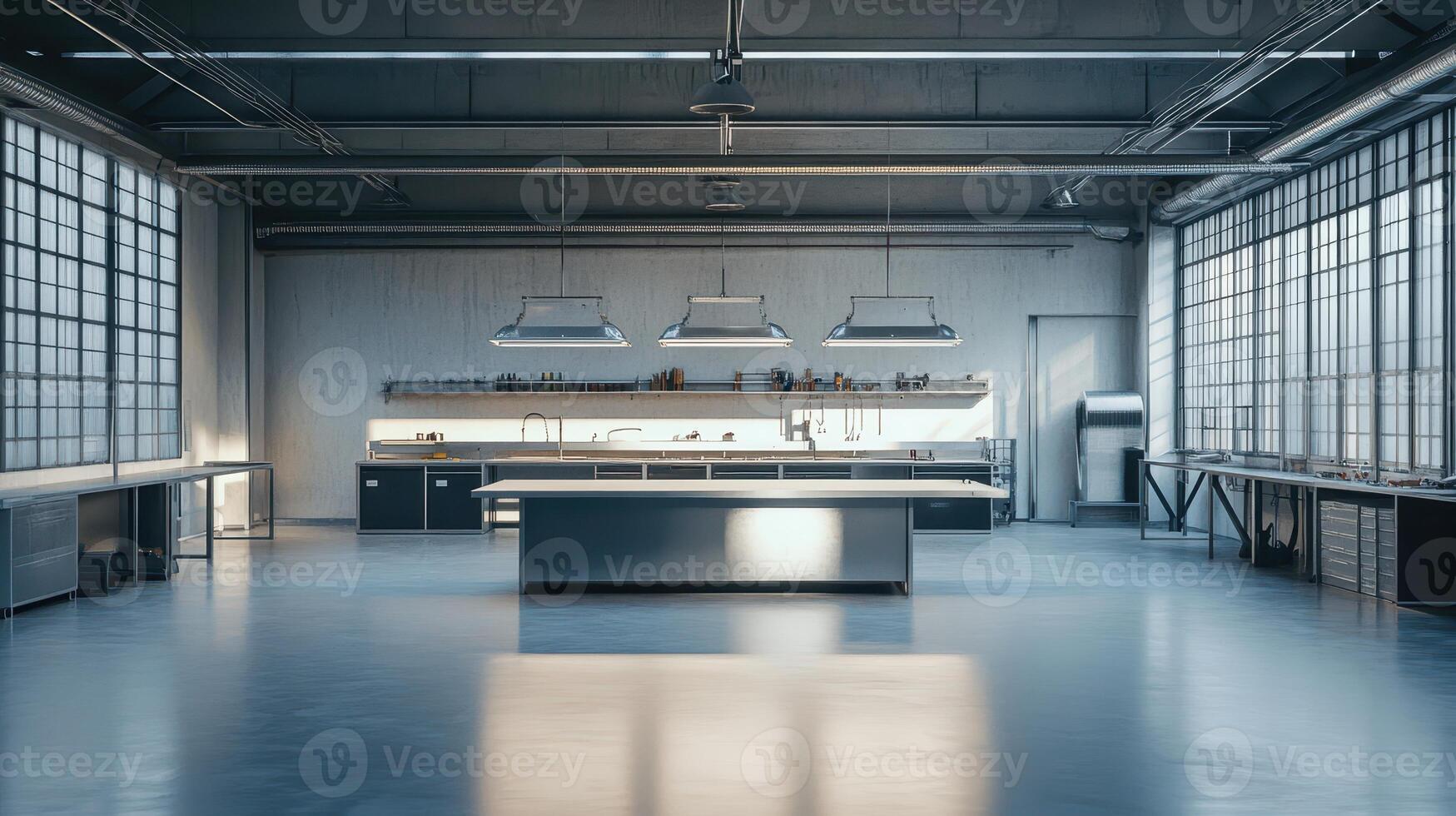 Modern kitchen space with large windows, designed for culinary activities and food preparation photo