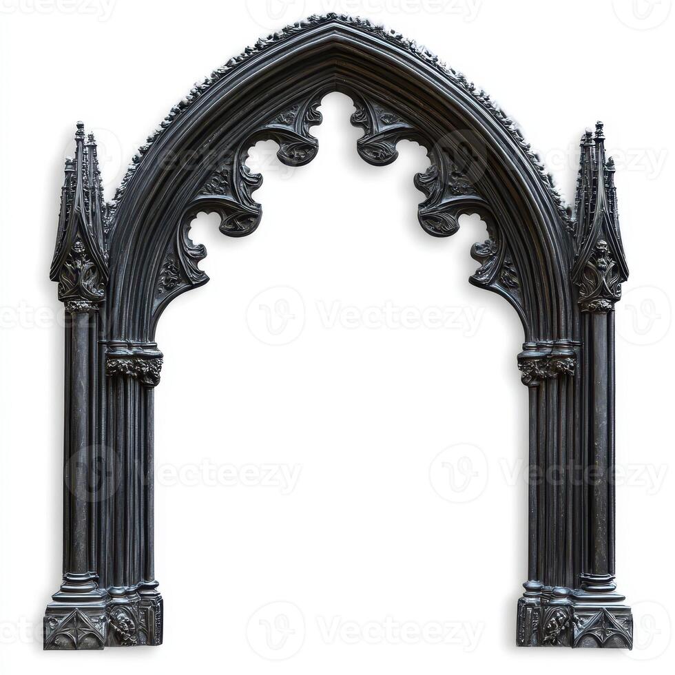 A gothic-style archway with intricate detailing and columns photo