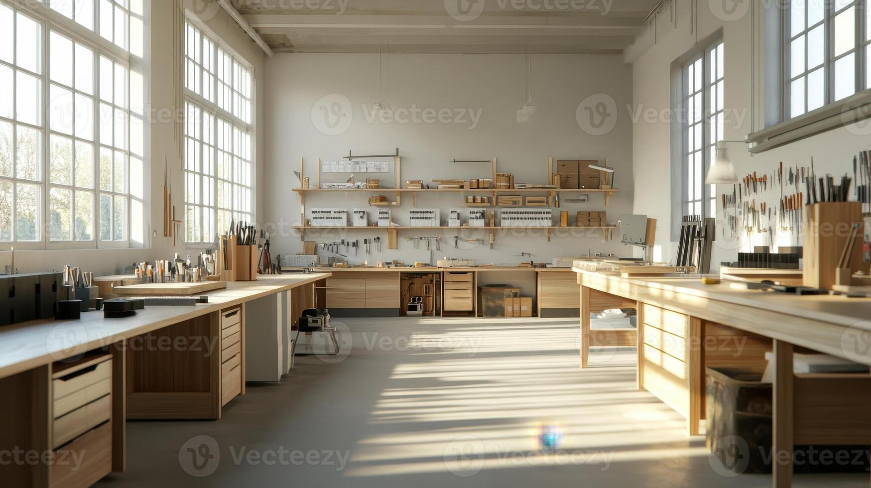 A bright woodworking shop with organized tools and workspaces photo